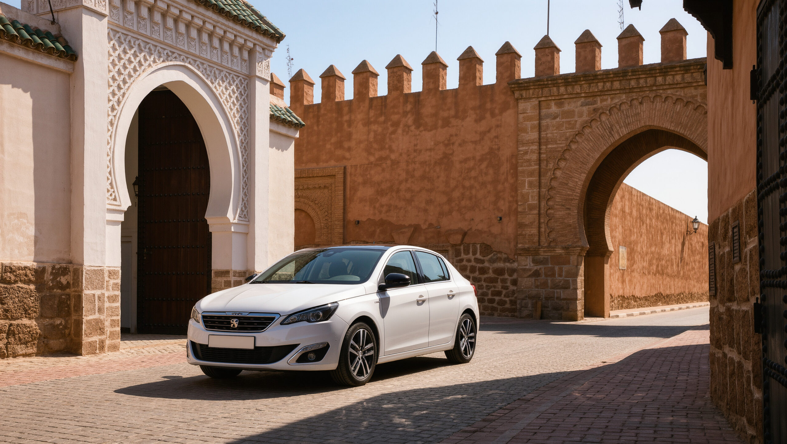Location de voiture à Meknès devant une porte historique — Wissam Luxury Cars