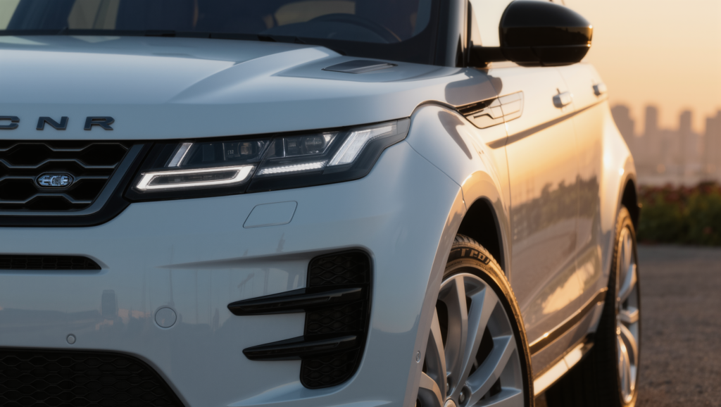 Détail du Range Rover Evoque — calandre, phare LED et jante