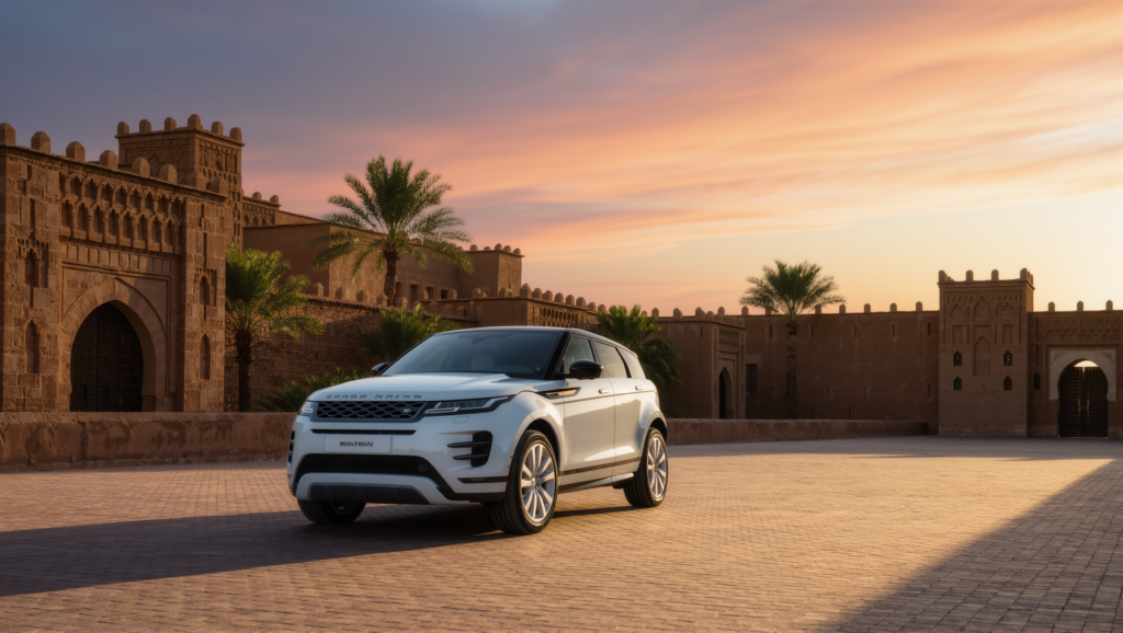 Range Rover Evoque devant les remparts et l'architecture de Meknès
